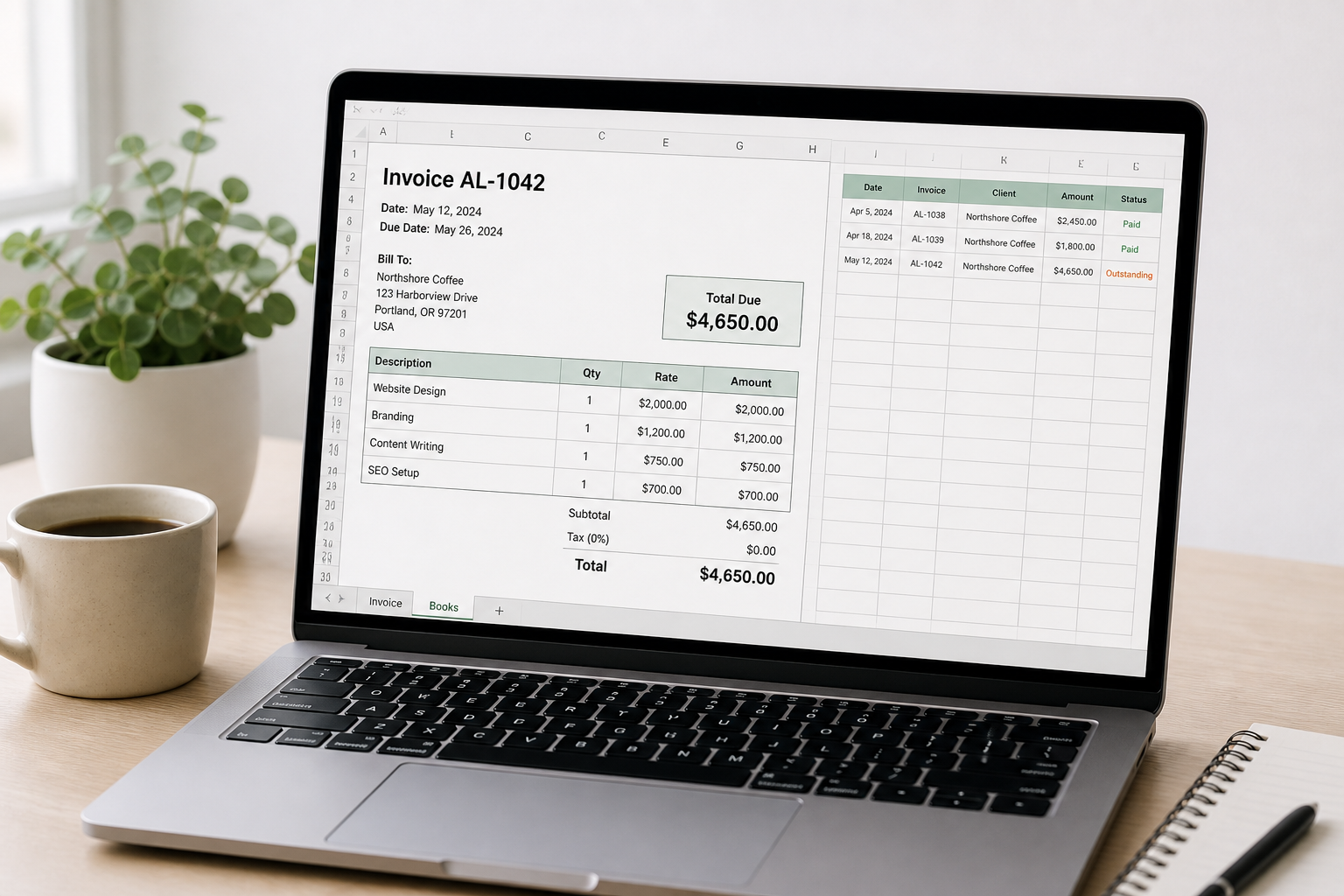 Laptop on a desk showing the Google Sheet invoice template and books tracker